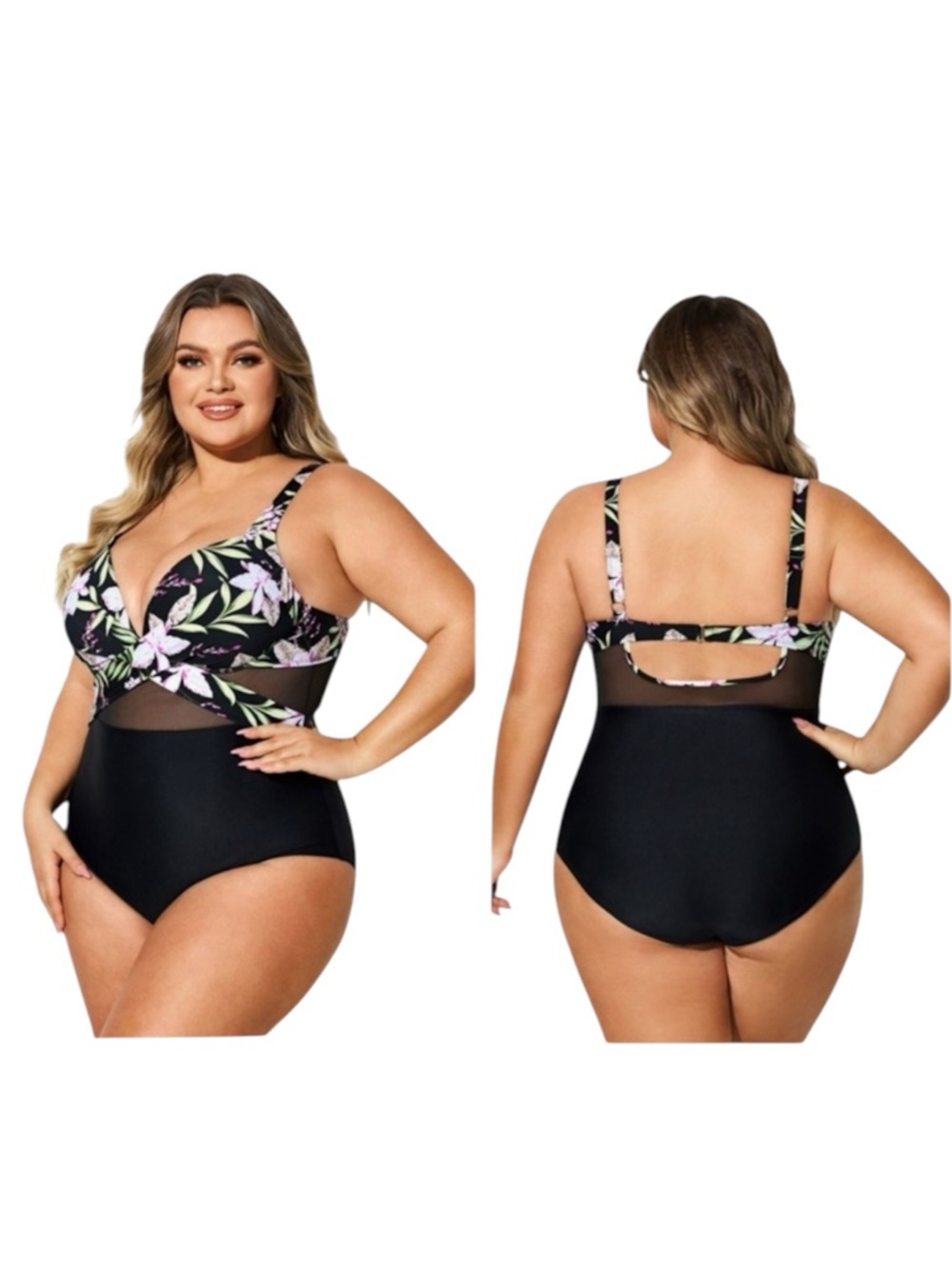 Meet.Curve V-Neck Floral Print Wrap One Piece Swimsuit Mesh Cut Out Women’s 3XL